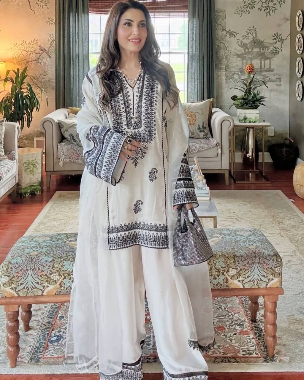 Stunning Embroidery Work White Color Palazzo Suit