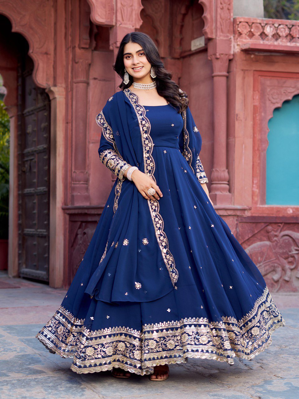 Outstanding Navy Blue Color Georgette Gown With Dupatta