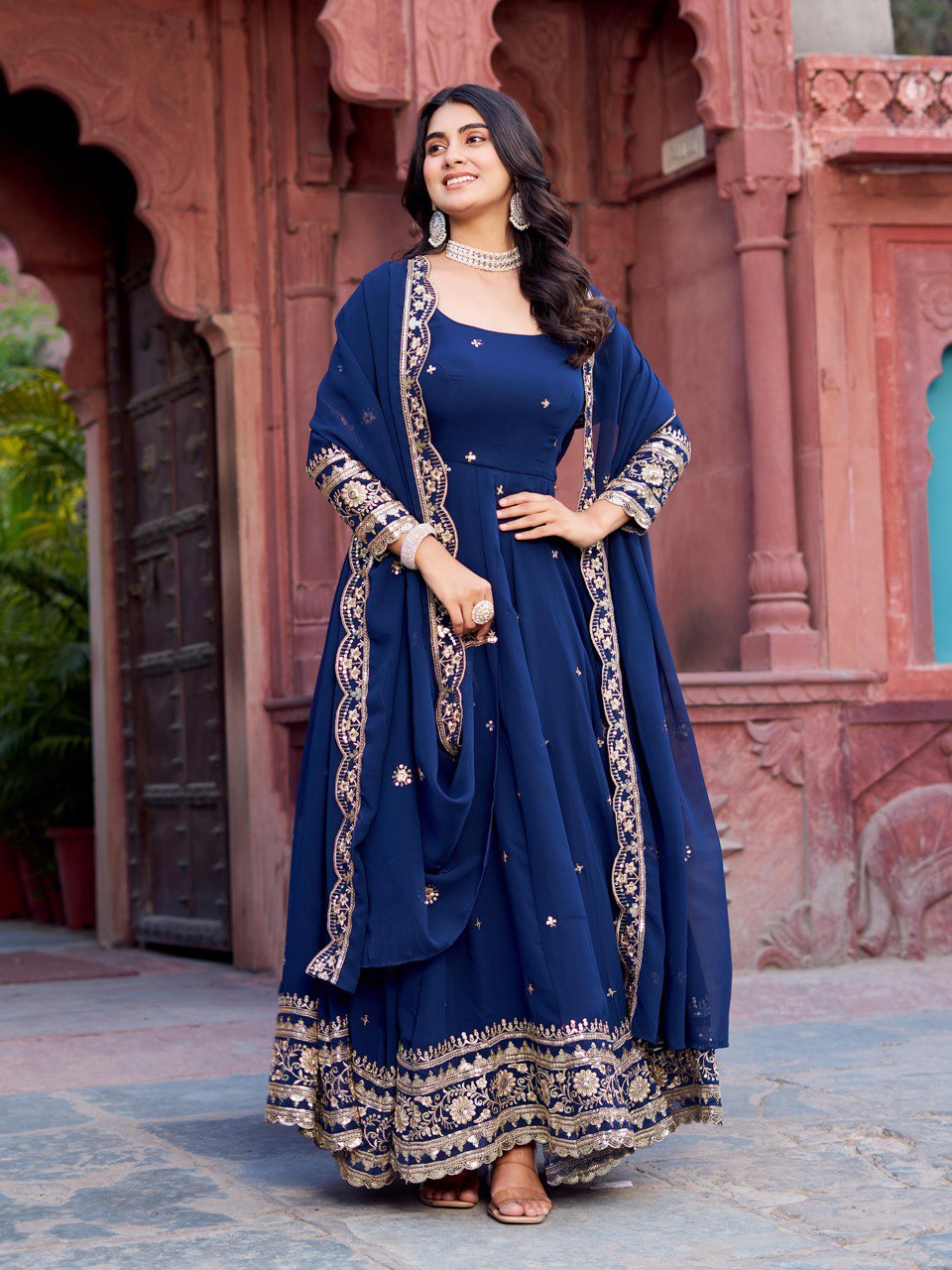 Outstanding Navy Blue Color Georgette Gown With Dupatta