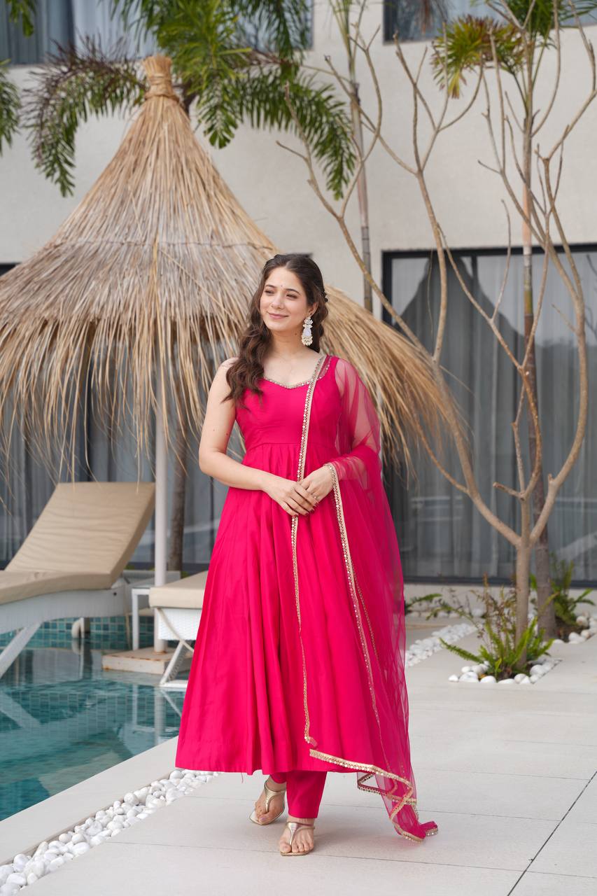 Roman Silk Fully Flared Pink Color Anarkali Suit