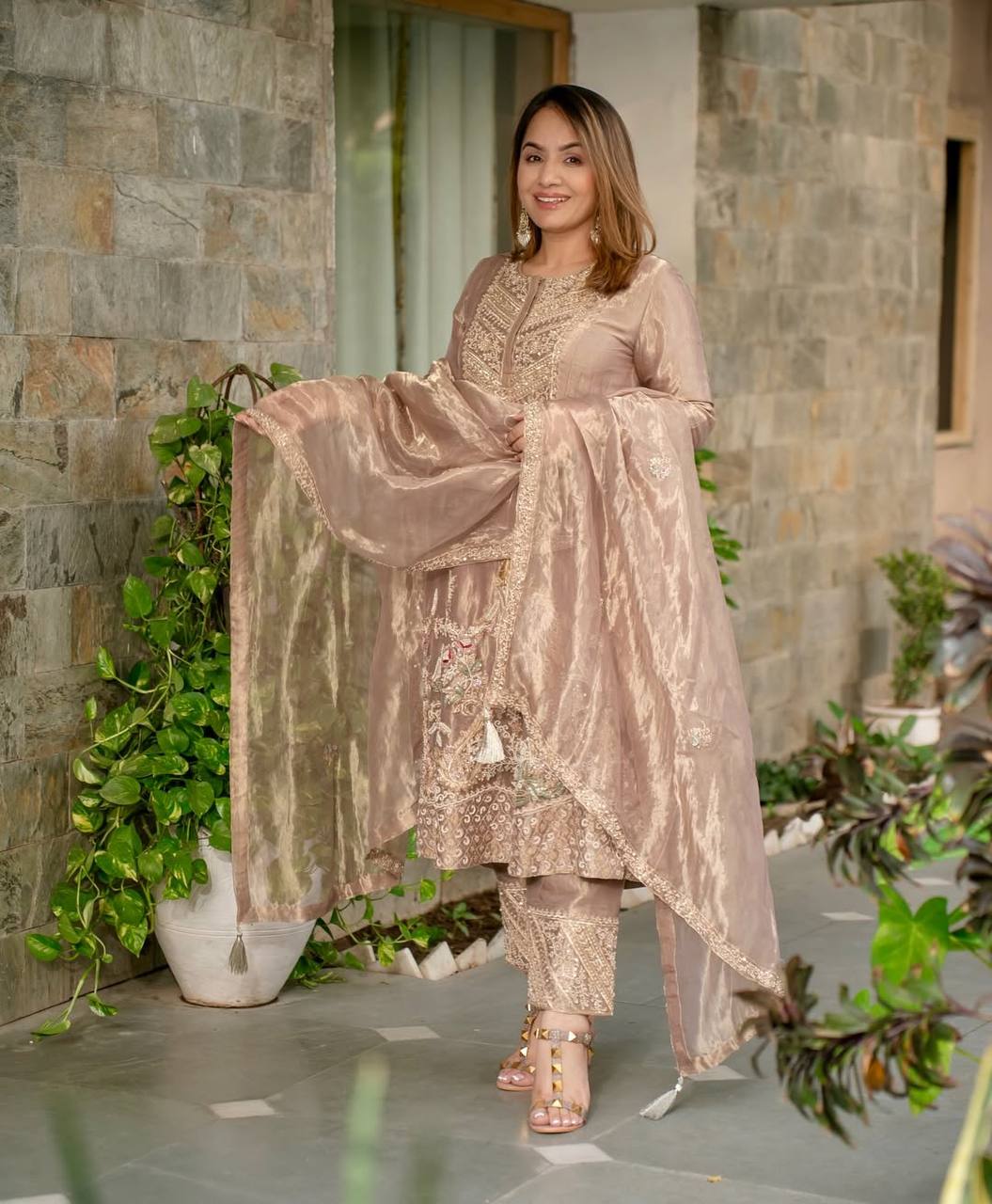 Festive Wear Embroidery Work Beige Color Anarkali Suit