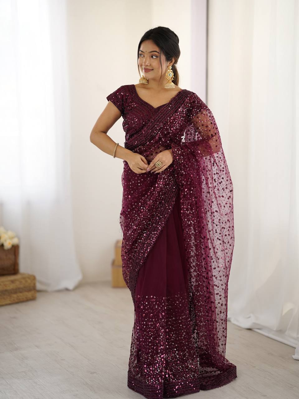 Wine Color Sequence Net Party Wear Saree