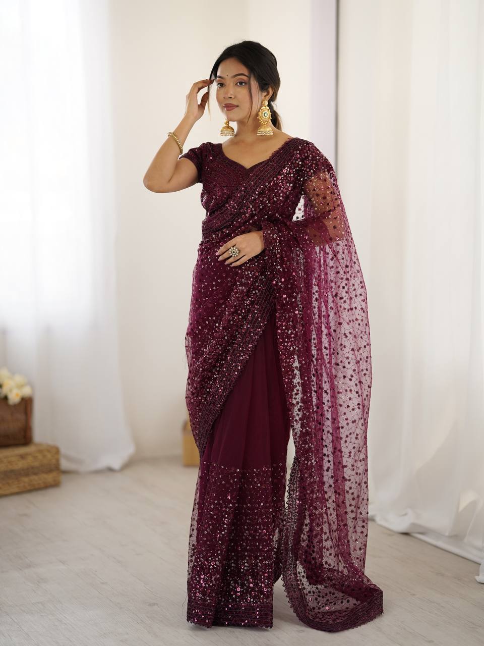 Wine Color Sequence Net Party Wear Saree