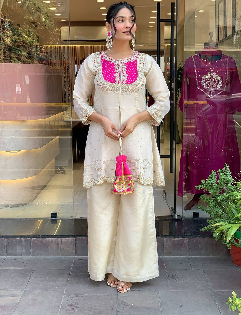 Embroidery Work Cream With Pink Color Co-ord Set