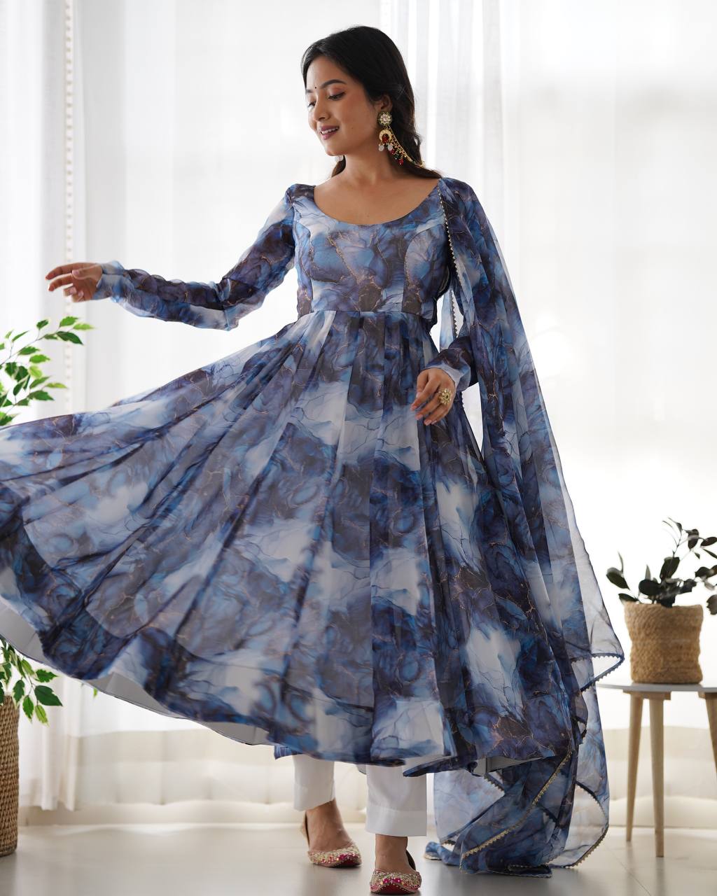 Marble Print Organza Silk Navy Blue Anarkali Suit