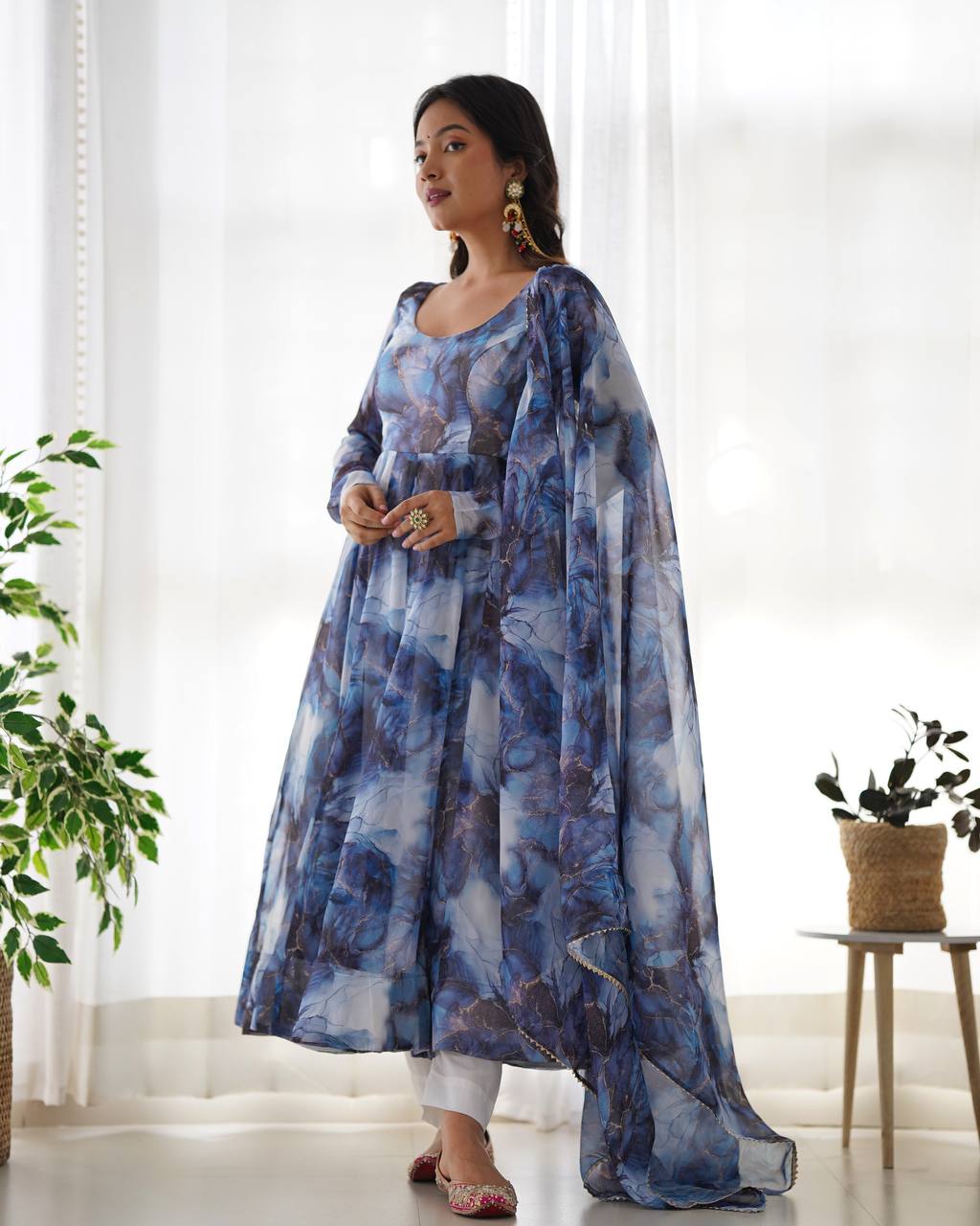 Marble Print Organza Silk Navy Blue Anarkali Suit