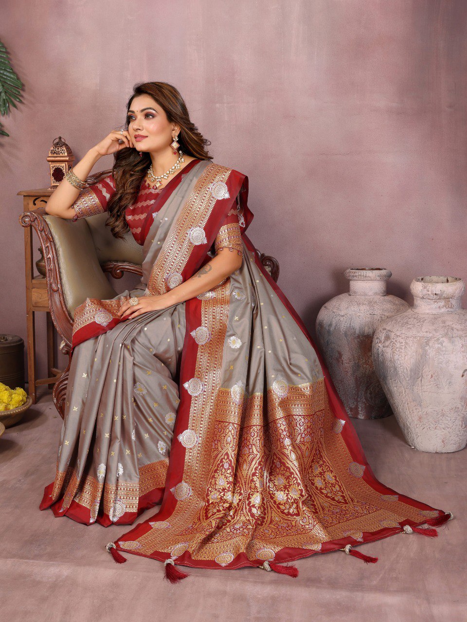 Gray Color Designer Kalamkari Silk Saree