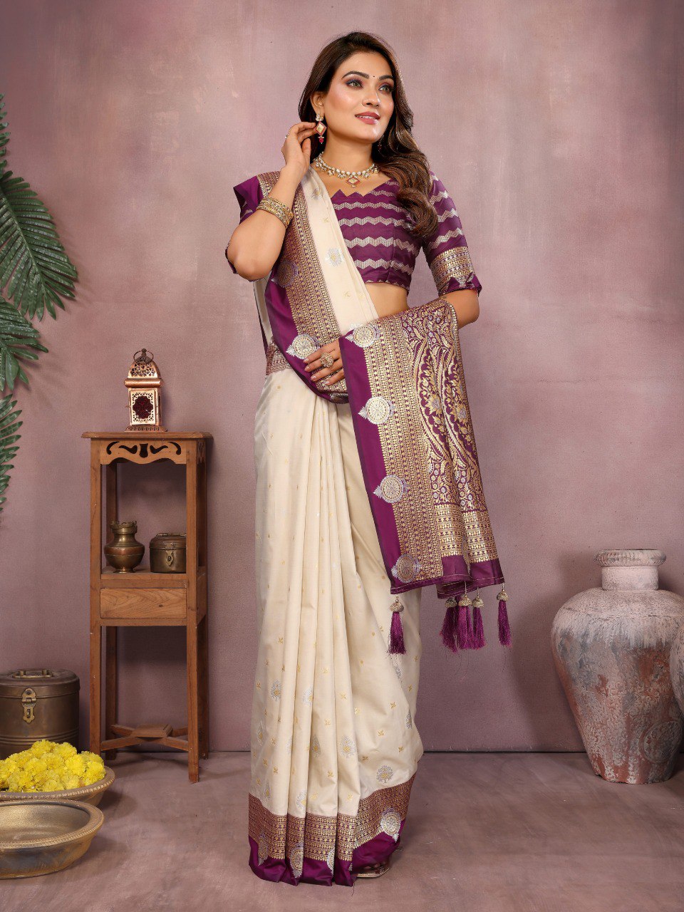 Off White Color Designer Kalamkari Silk Saree