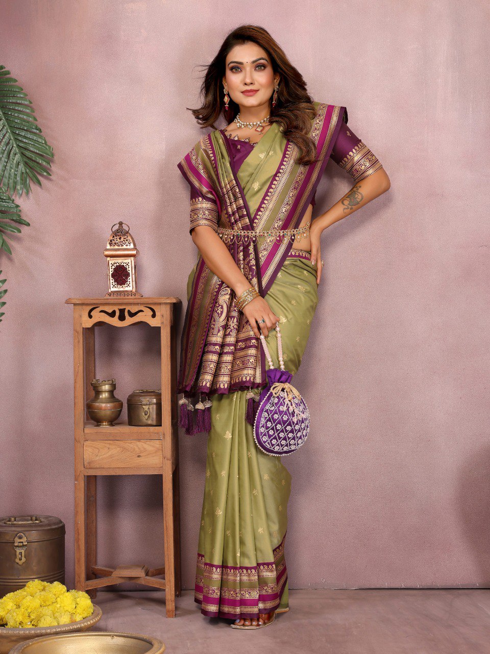 Mehndi Color Festive Wear Silk Rich Pallu Saree