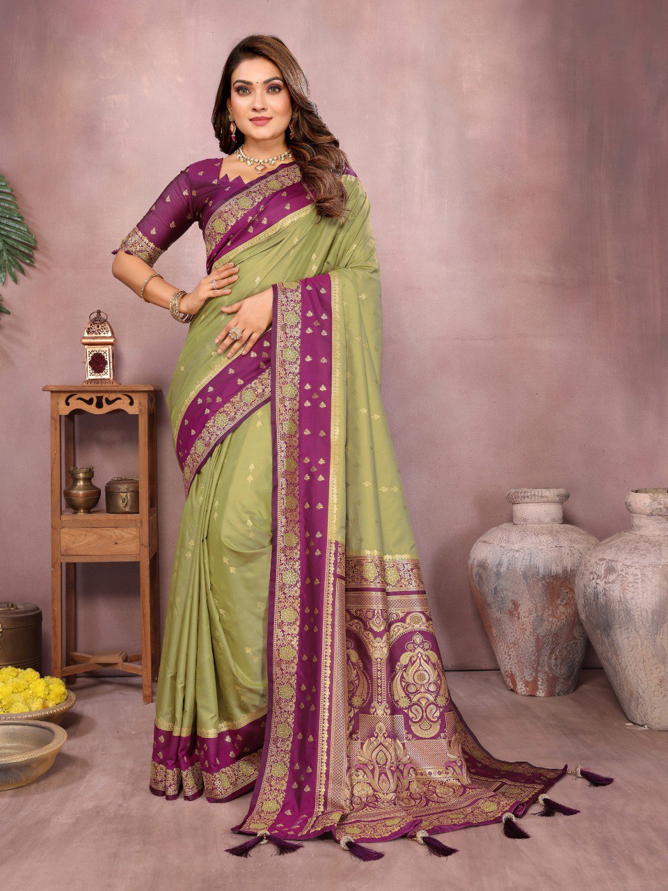 Designer Mehndi Color Traditional Kalamkari Silk Sarees