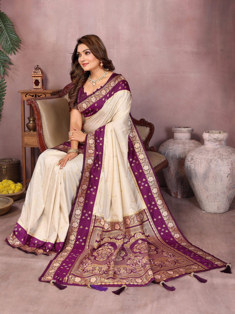 Designer Off White Color Traditional Kalamkari Silk Sarees