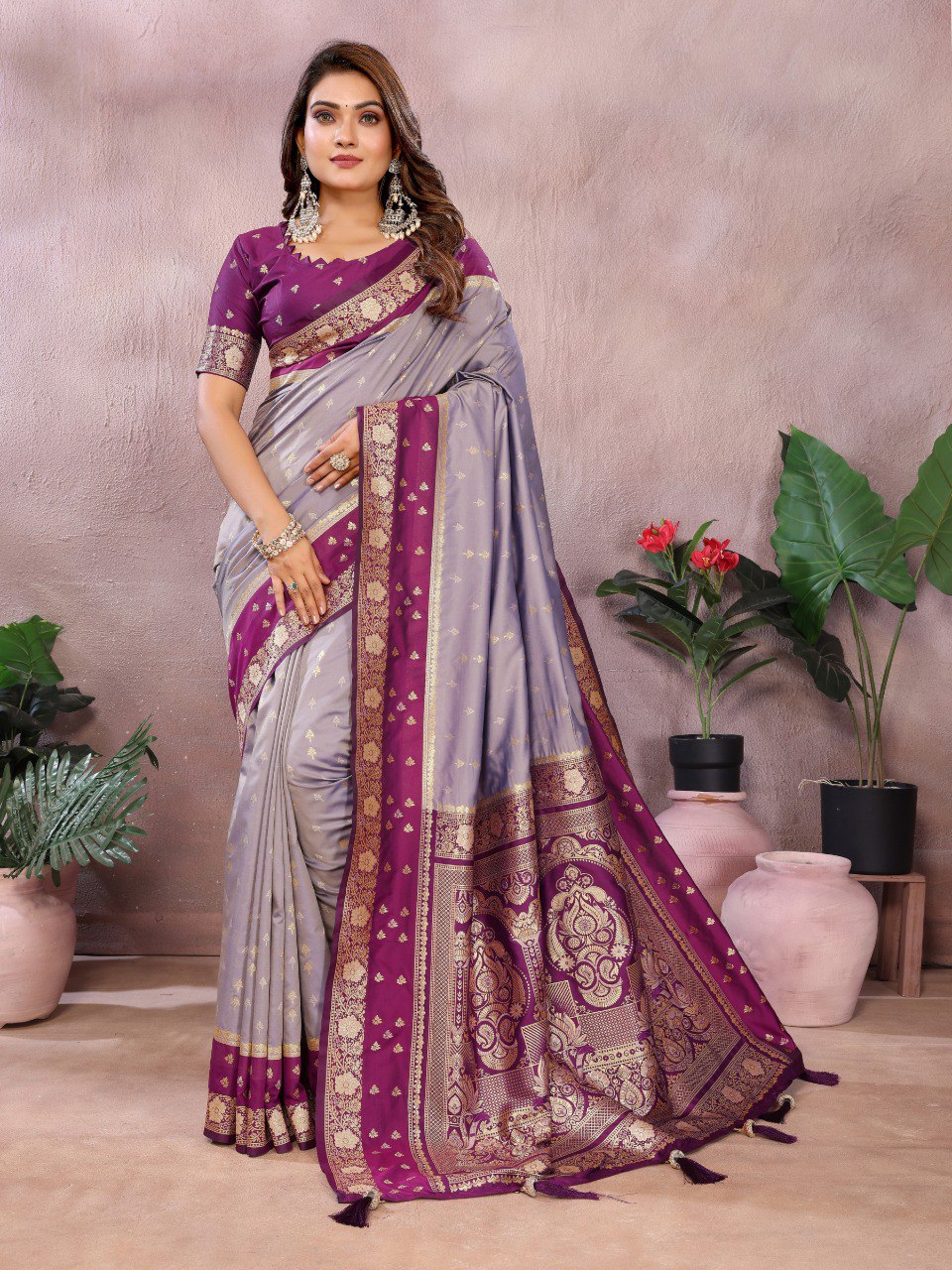 Designer Lavender Color Traditional Kalamkari Silk Sarees