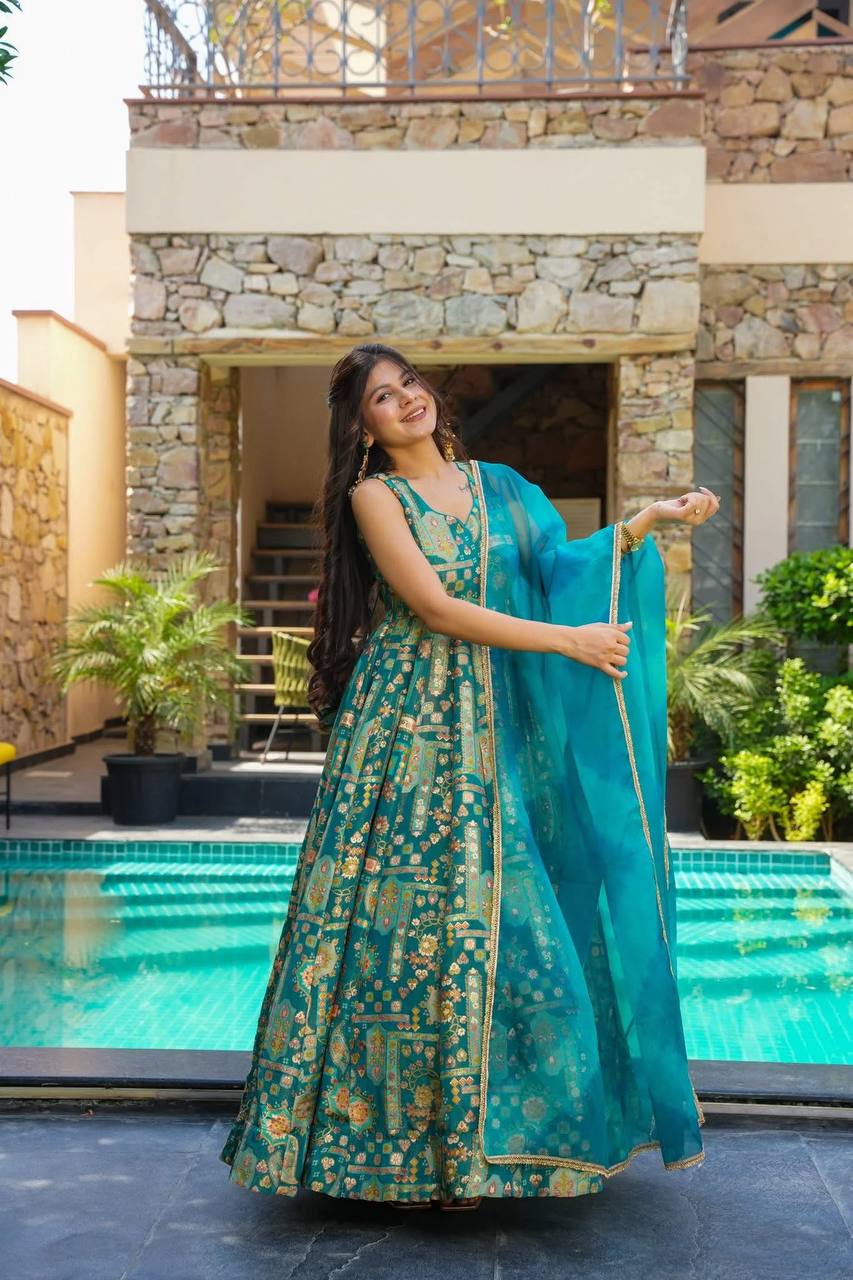 Teal Green Color Printed Exclusive Anarkali Gown