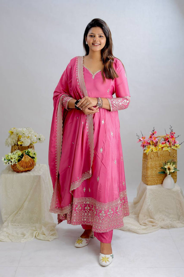 Embroidery Work Pink Color Anarkali Gown