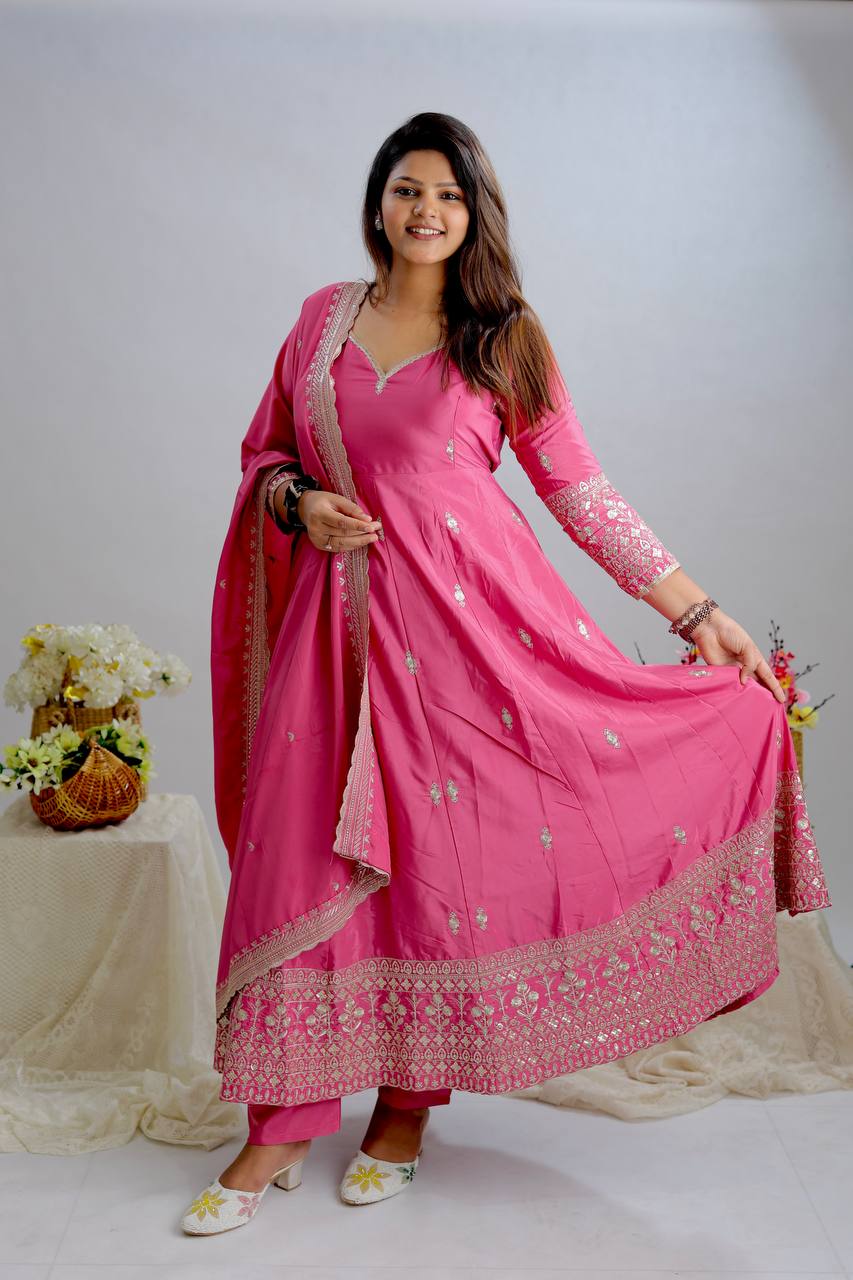 Embroidery Work Pink Color Anarkali Gown