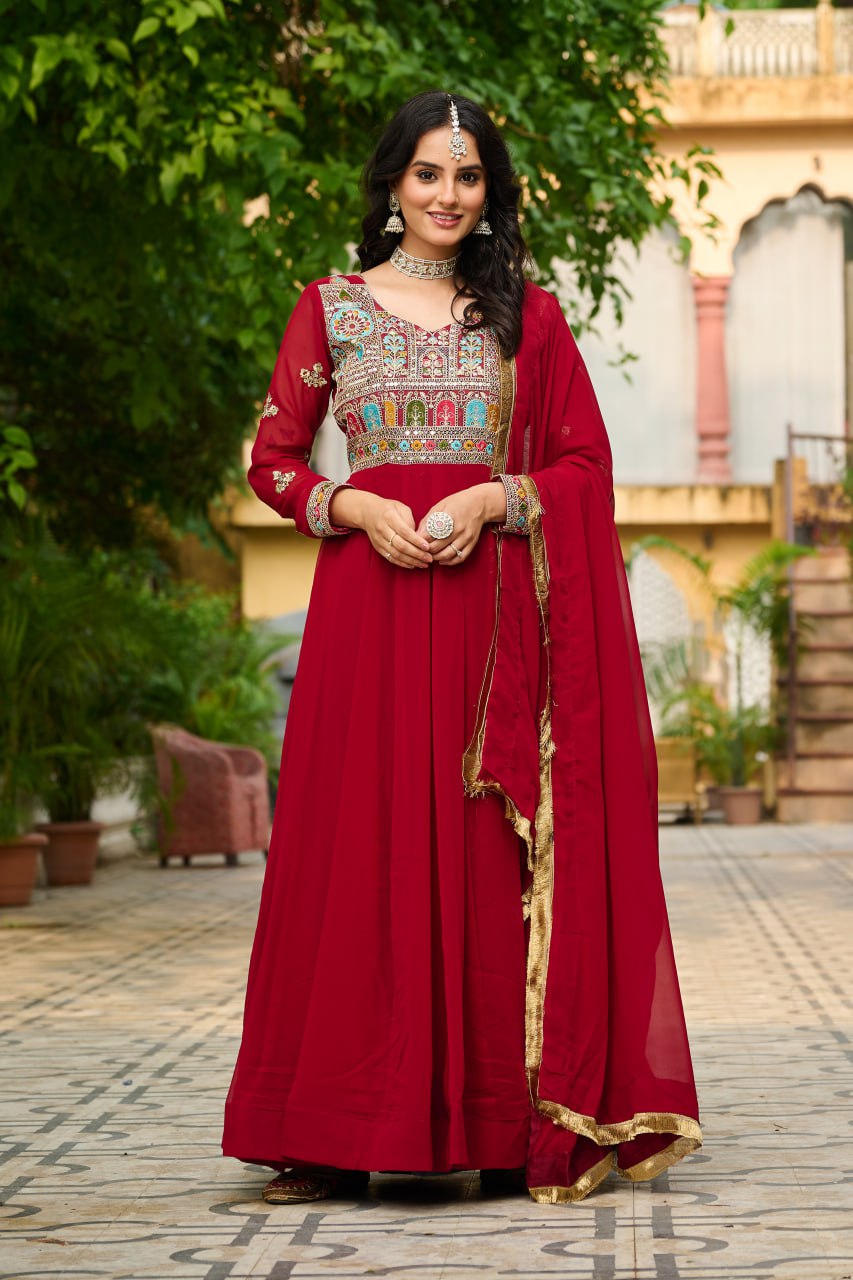 Multi Thread Work Red Color Exclusive Gown