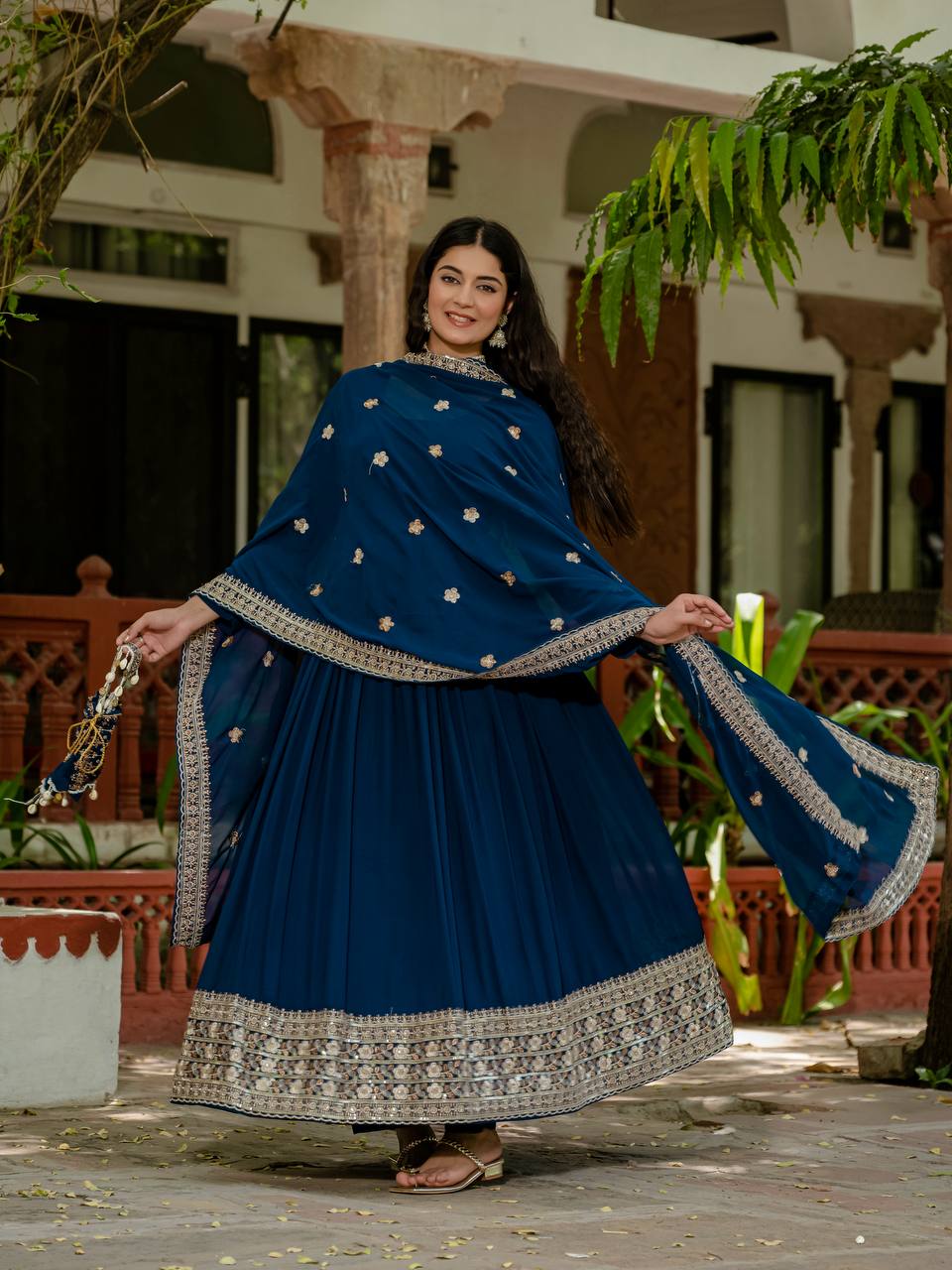 Blue Color Embroidery Work Gorgeous Gown
