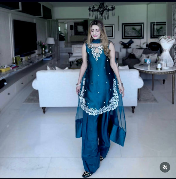Punjabi Style Teal Blue Embroidery Work Sharara Suit