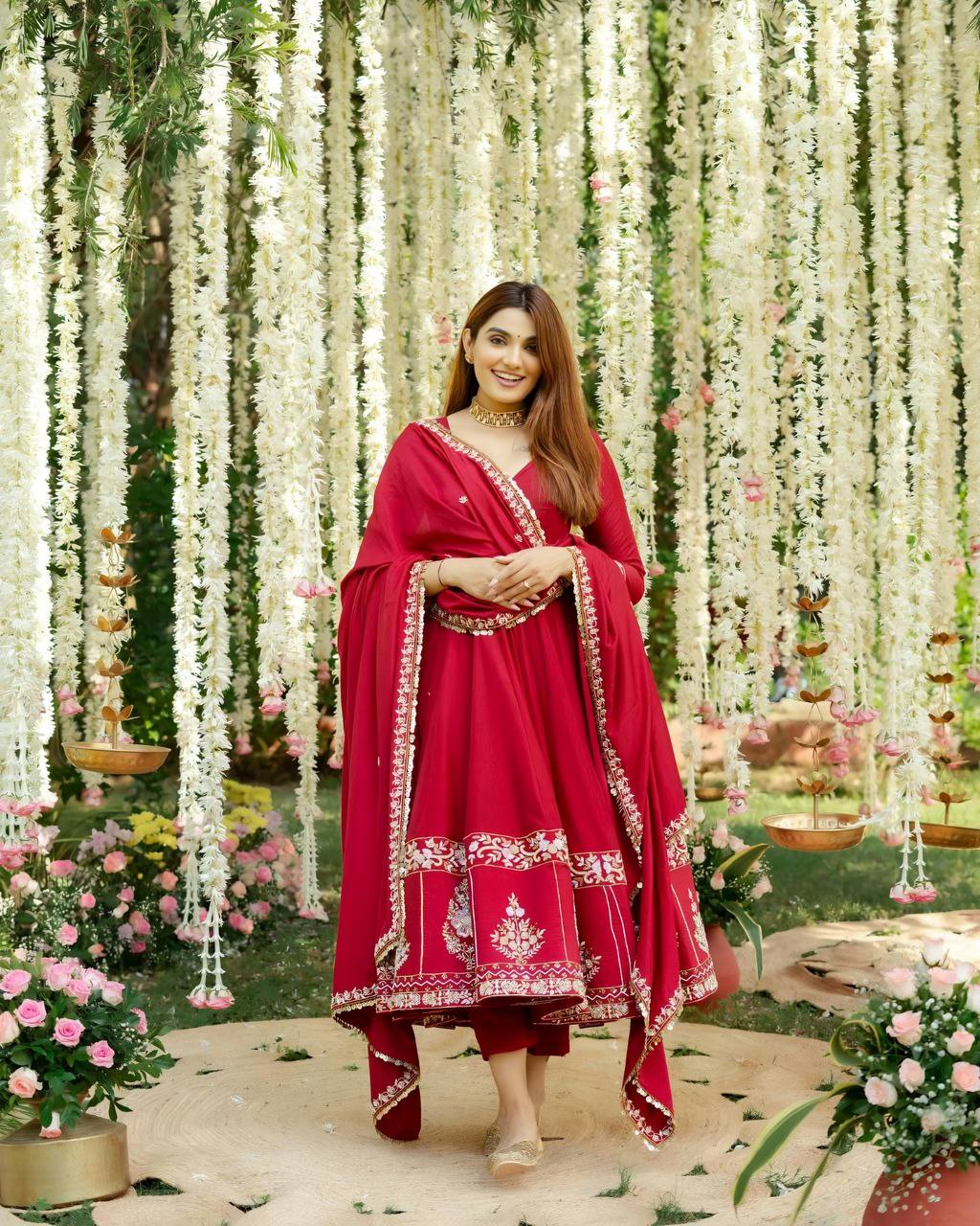 Red Color Multi Embroidered Anarkali Suit