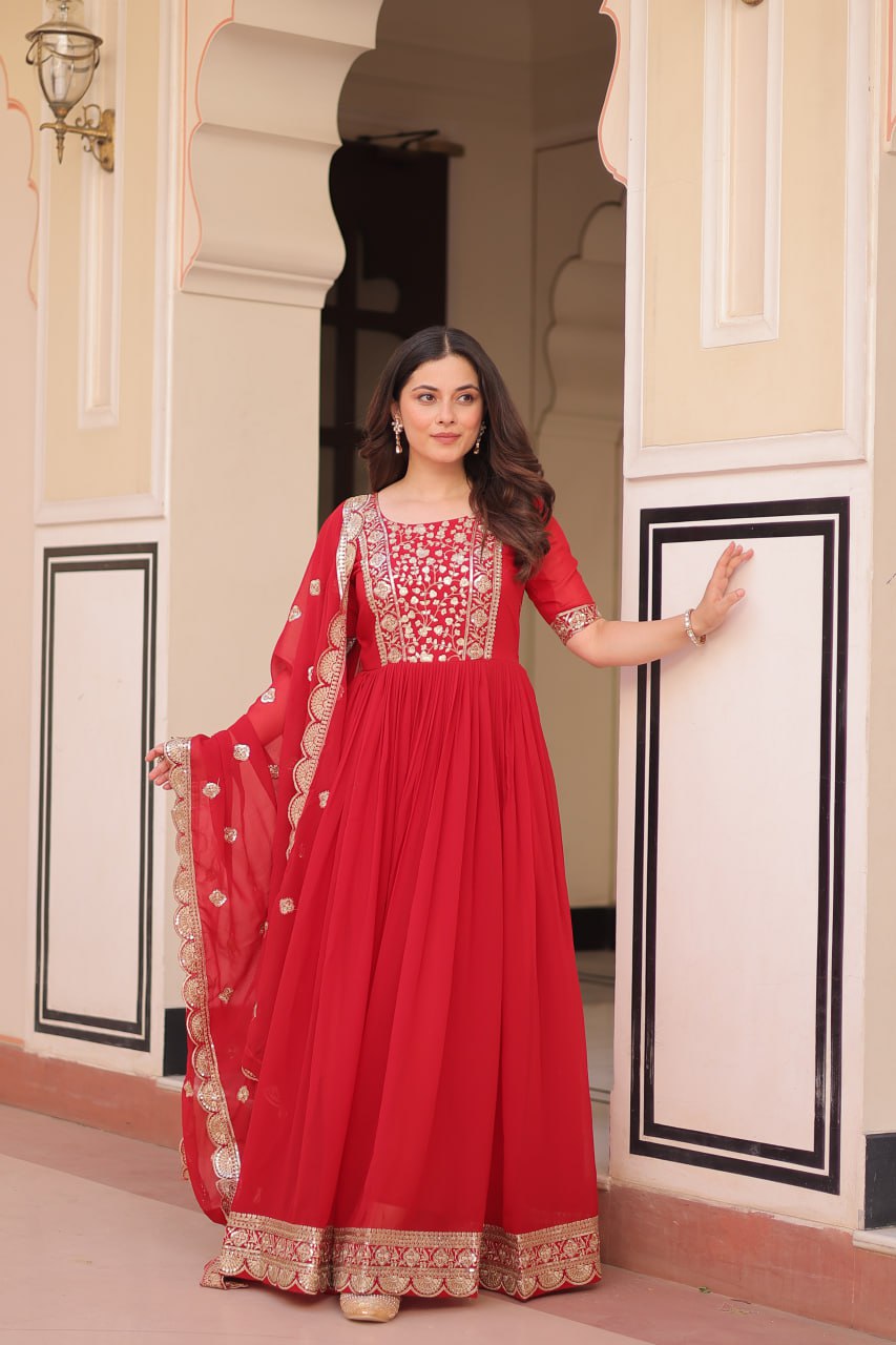 Red Color Embroidery Work Luxuriant Designer Gown
