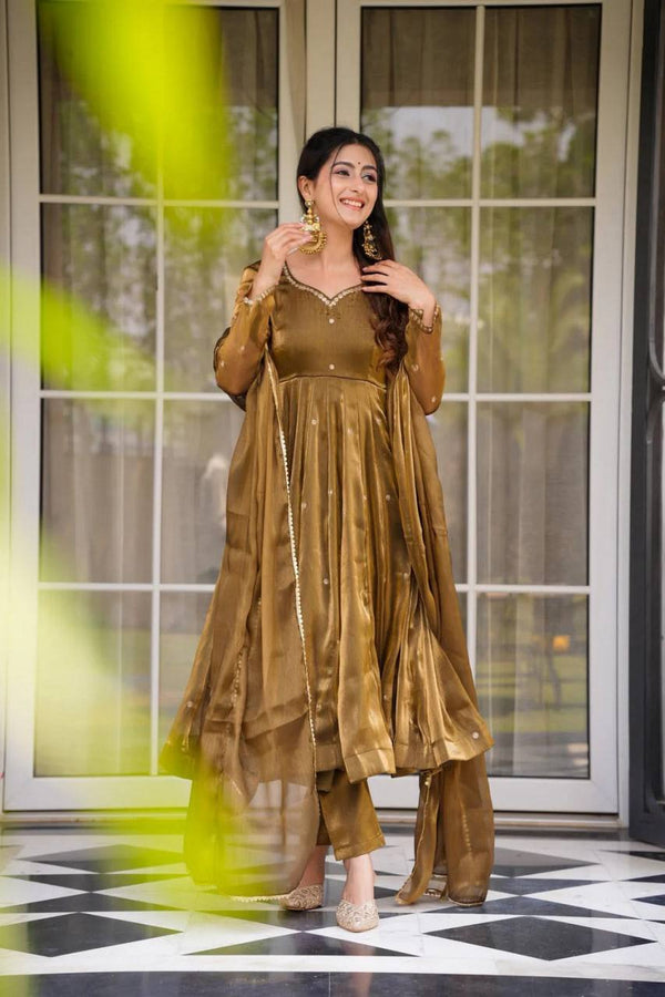Brown Color Fully Stitched Shining Anarkali Gown