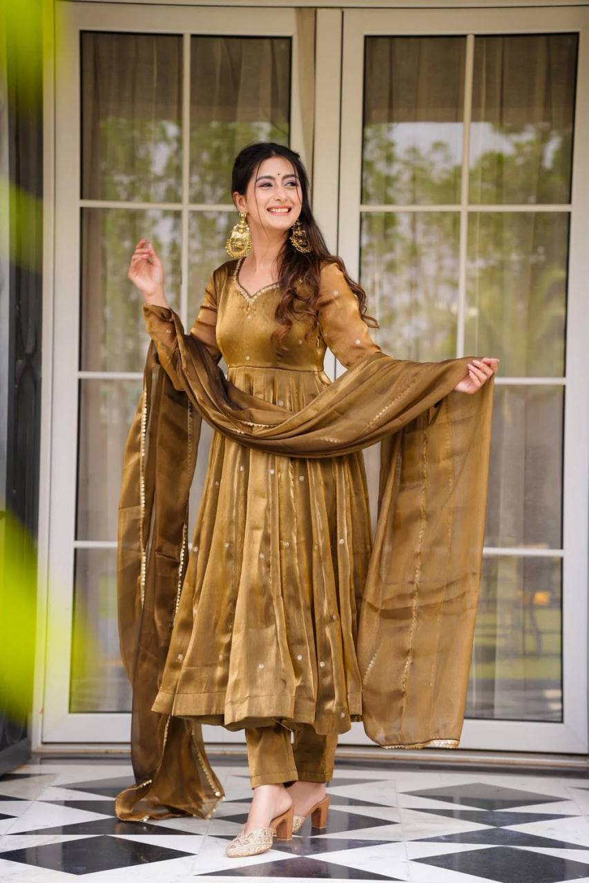 Brown Color Fully Stitched Shining Anarkali Gown
