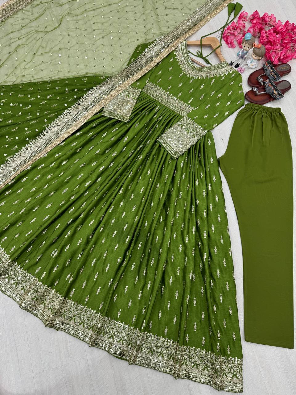 Wonderful Heavy Work Green Color Gown