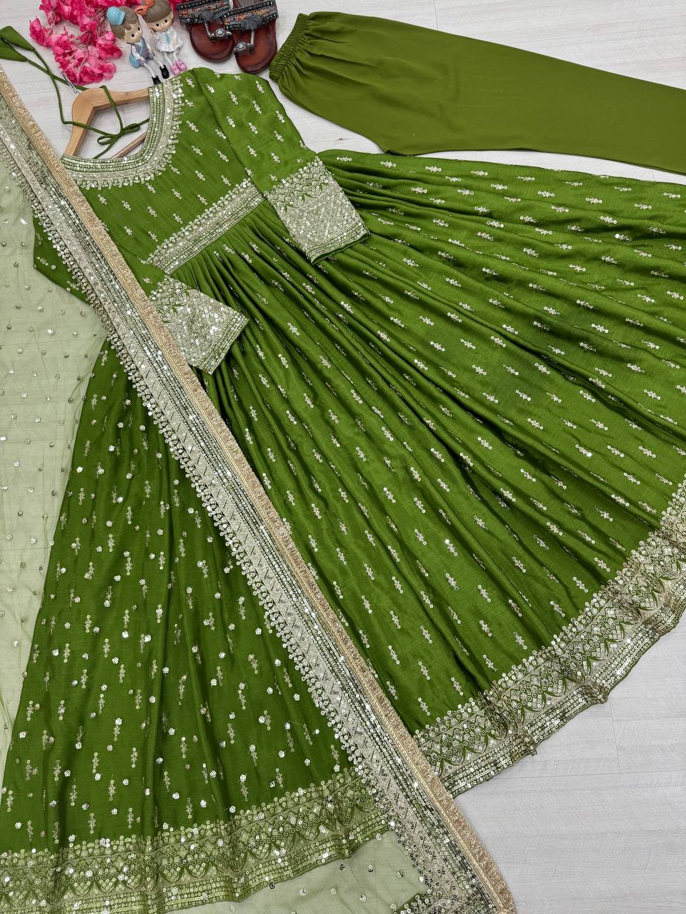 Wonderful Heavy Work Green Color Gown