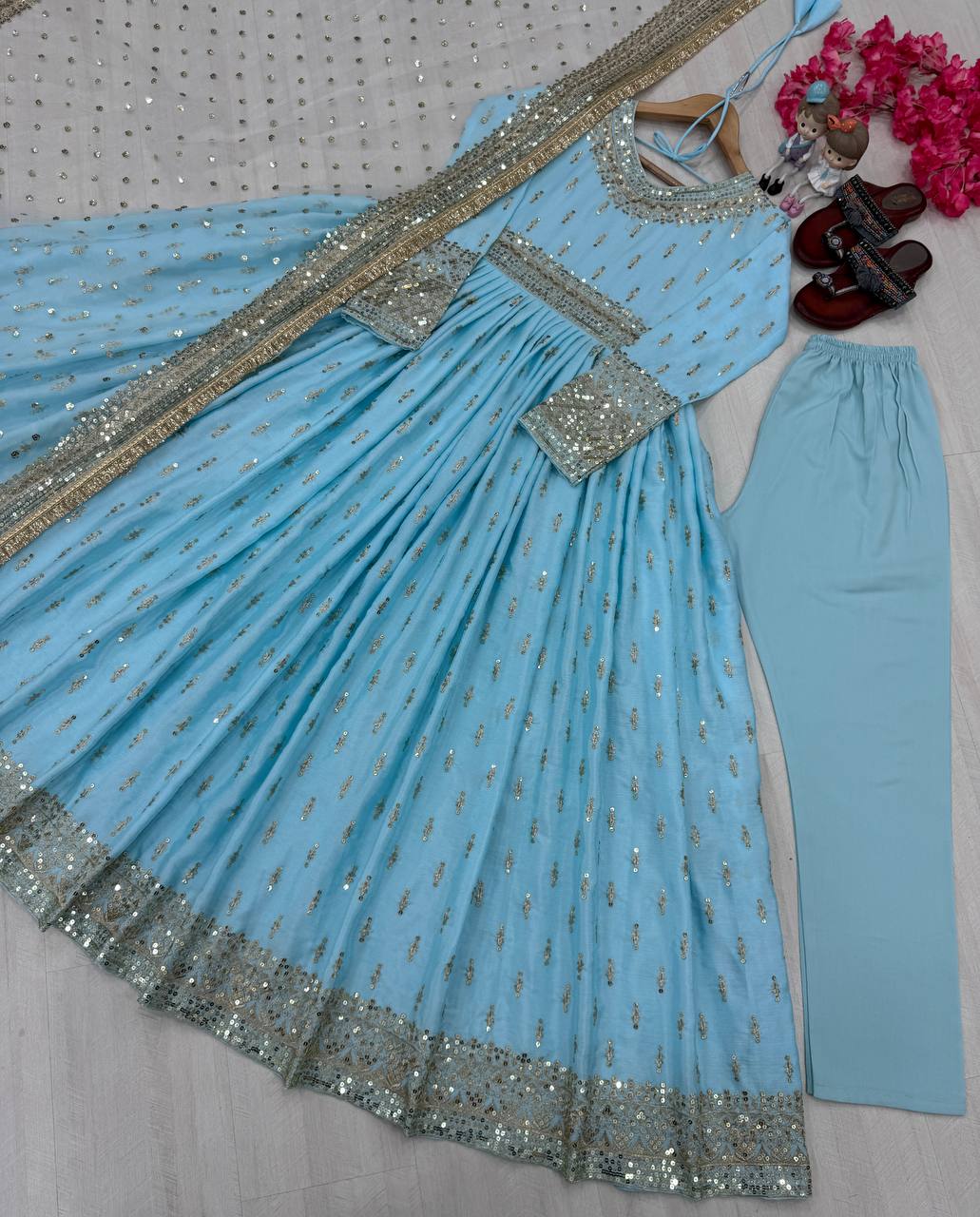 Wonderful Heavy Work Sky Blue Color Gown