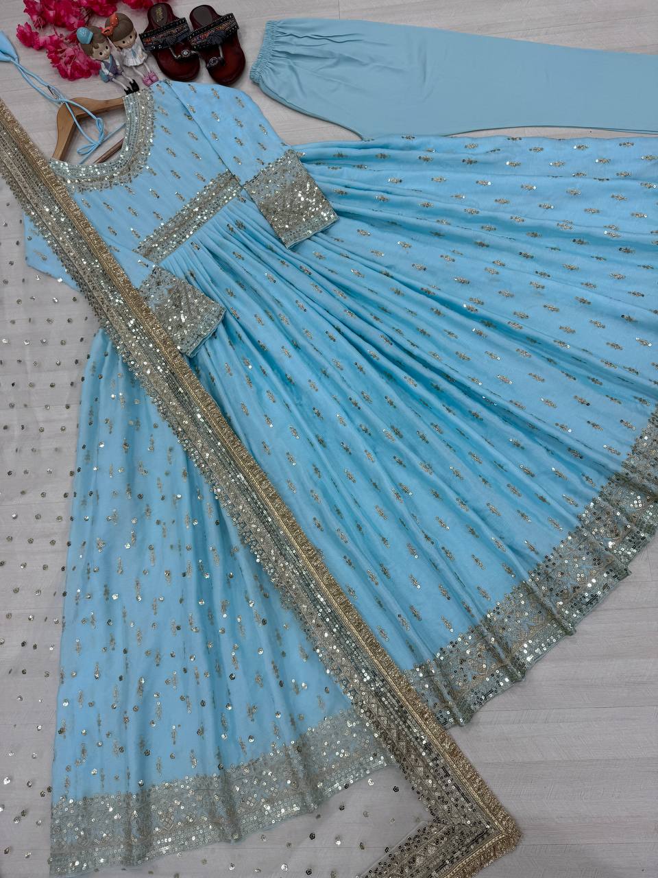 Wonderful Heavy Work Sky Blue Color Gown