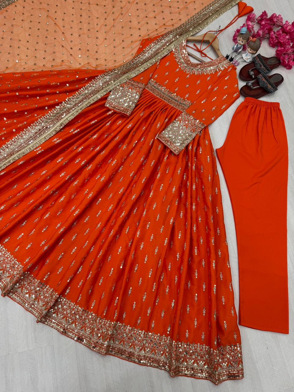 Wonderful Heavy Work Orange Color Gown