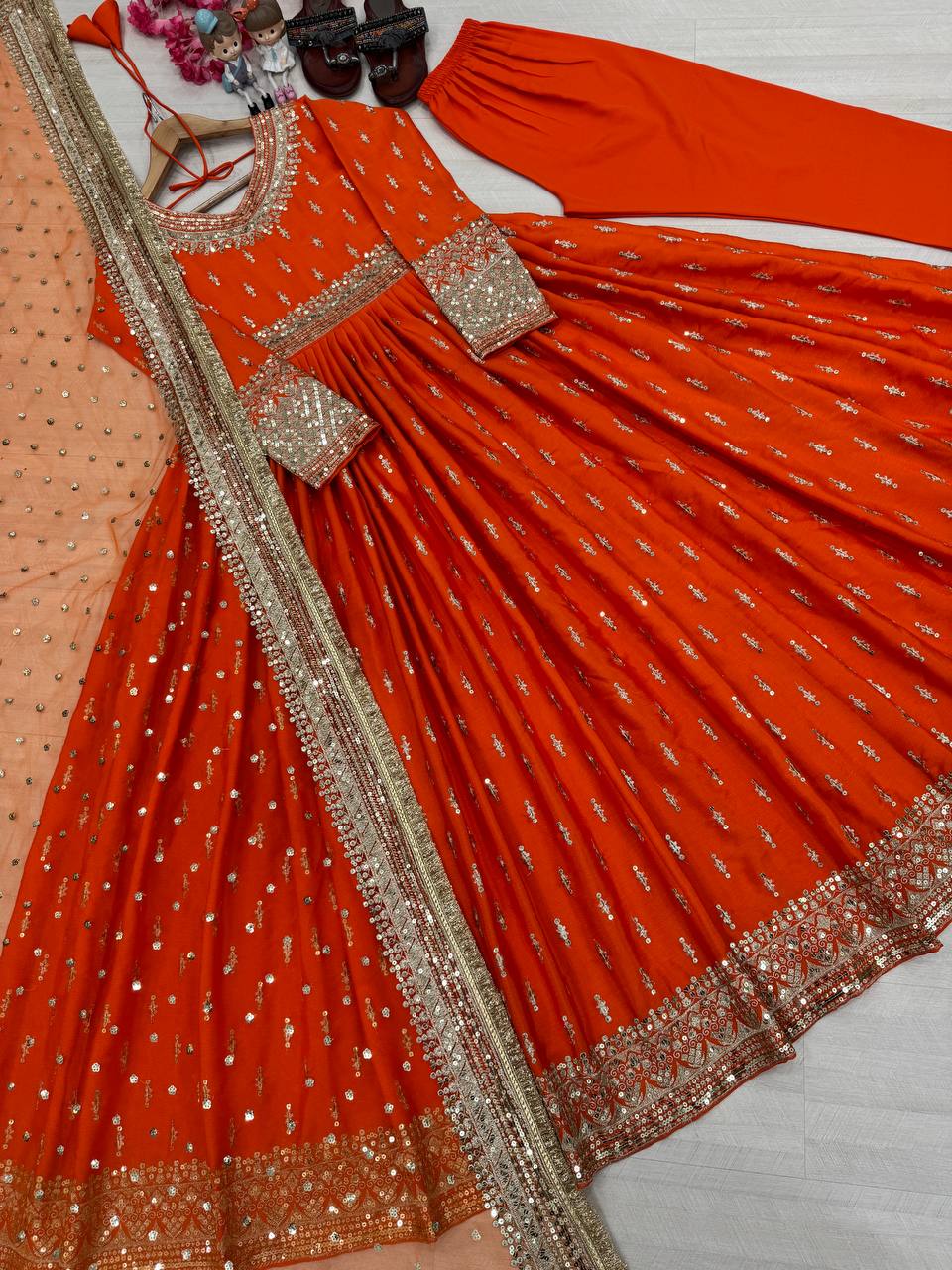 Wonderful Heavy Work Orange Color Gown