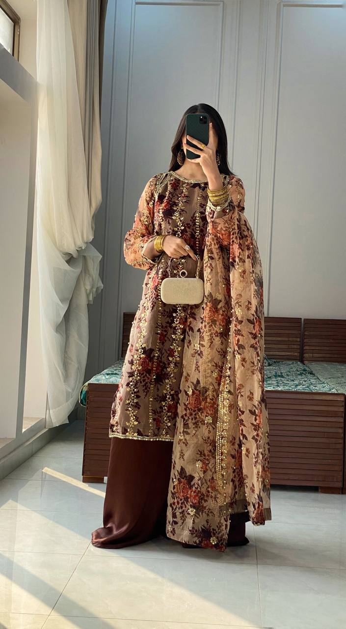 Awesome Brown Color Flower Print Palazzo Suit