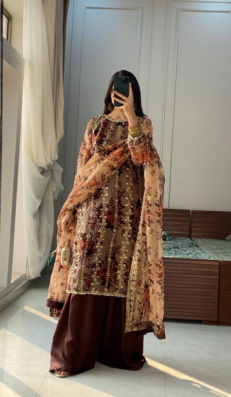 Awesome Brown Color Flower Print Palazzo Suit
