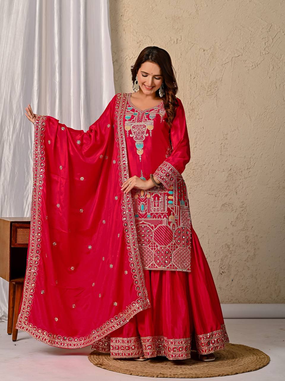Festive Wear Pink Color Heavy Work Sharara Suit