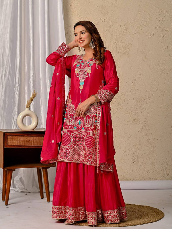 Festive Wear Pink Color Heavy Work Sharara Suit