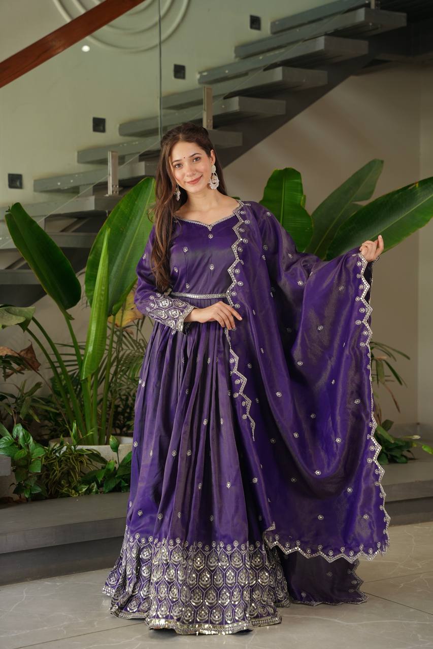 Embroidered Purple Color Stunning Gown With Dupatta