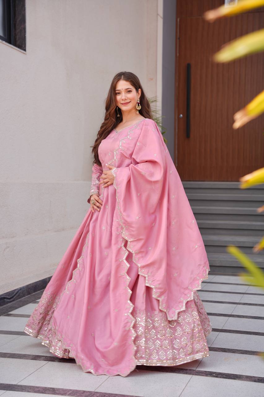 Embroidered Pink Color Stunning Gown With Dupatta