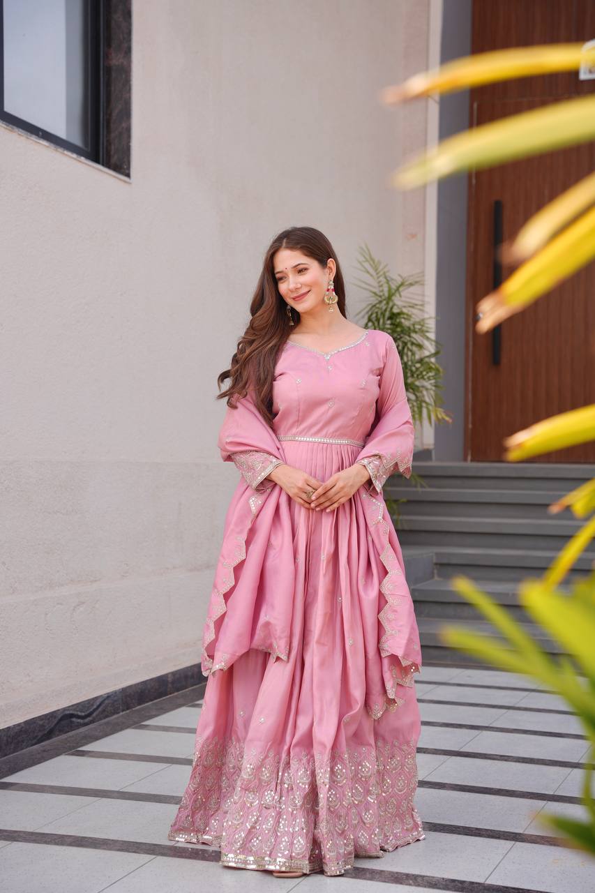 Embroidered Pink Color Stunning Gown With Dupatta