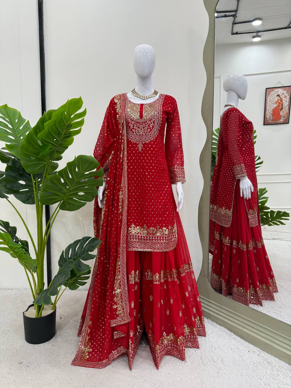 Thread With Sequence Work Red Color Sharara Suit