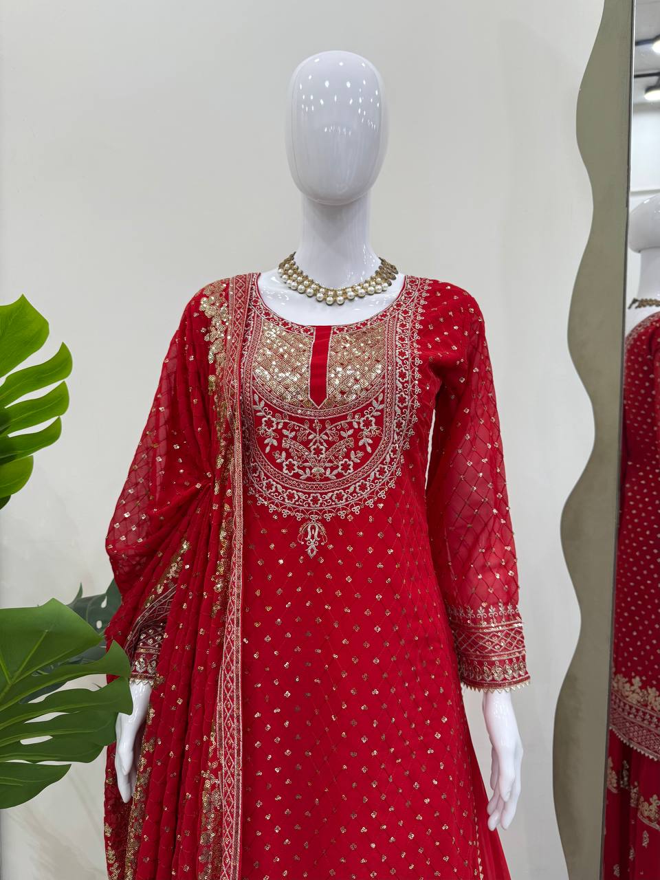 Thread With Sequence Work Red Color Sharara Suit