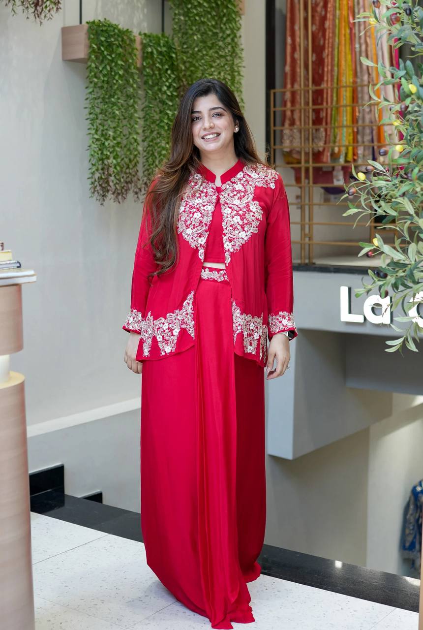 Adorable Red Color Embroidery Work Dhoti Suit With Koti