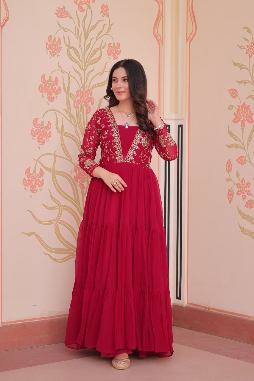Rani Pink Color Sequence Work V Neck Designer Gown