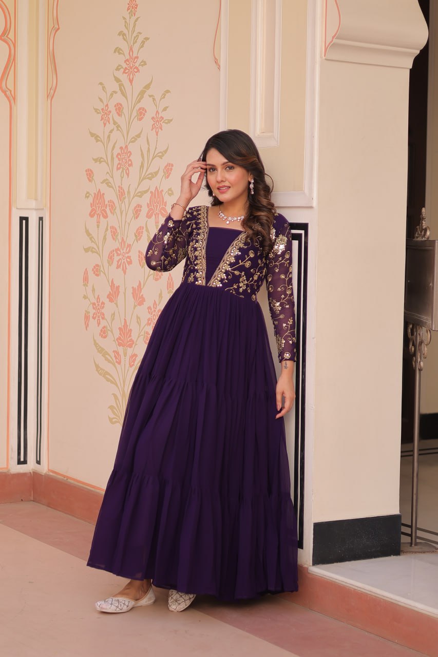 Purple Color Sequence Work V Neck Designer Gown