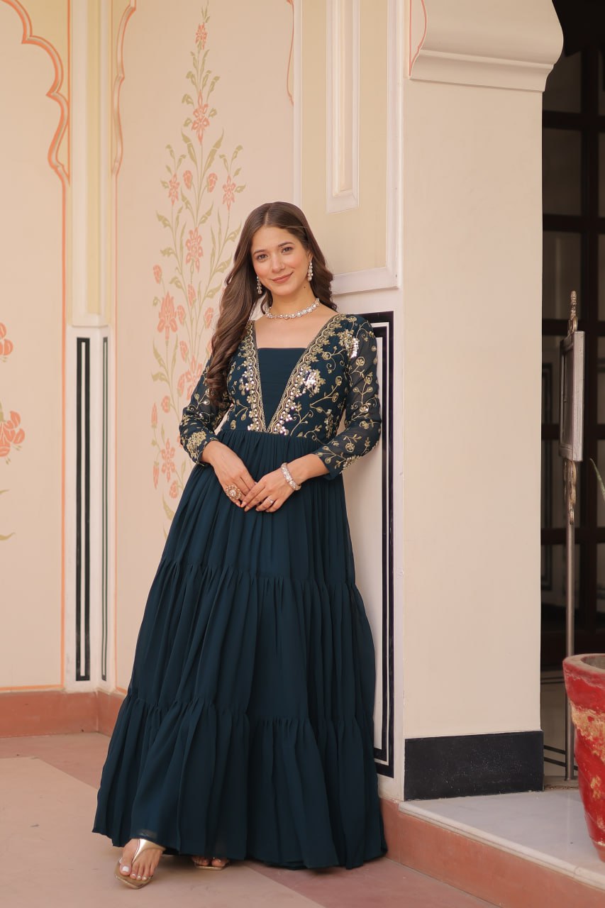 Rama Color Sequence Work V Neck Designer Gown