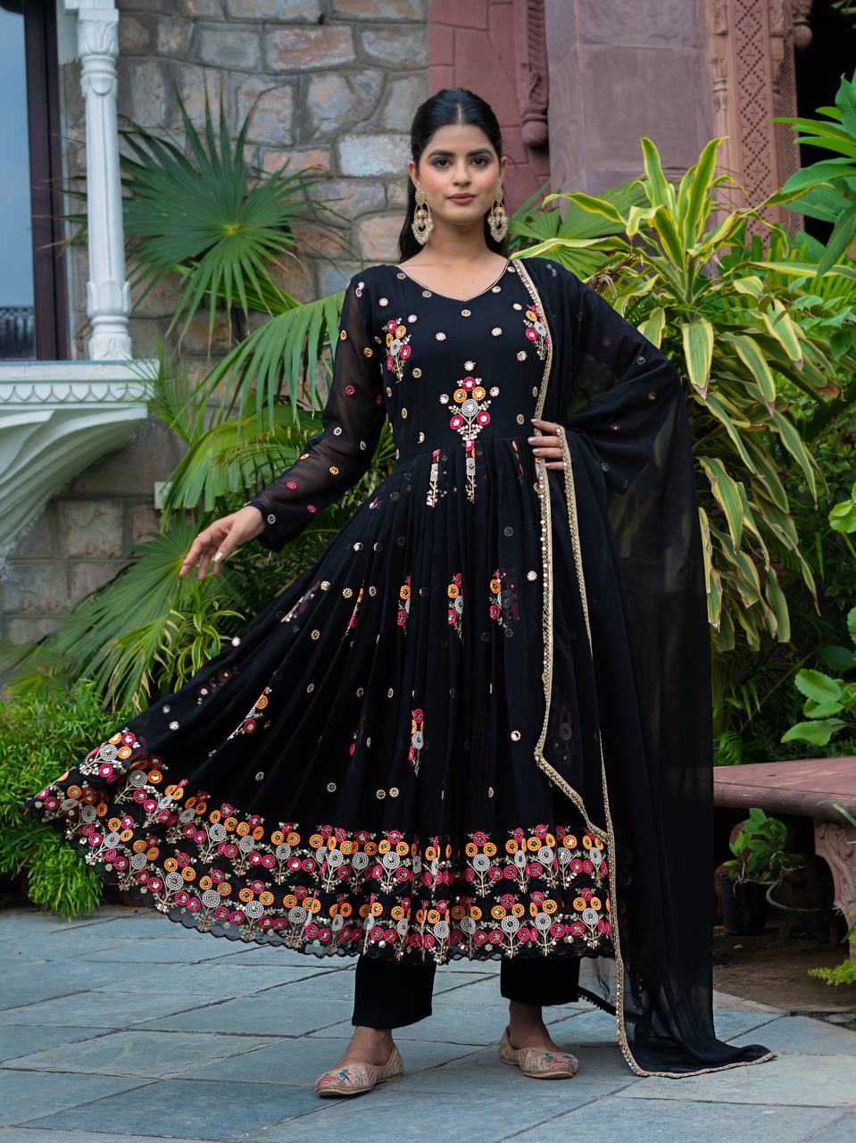 Thread Embroidery Work Flattering Black Color Gown