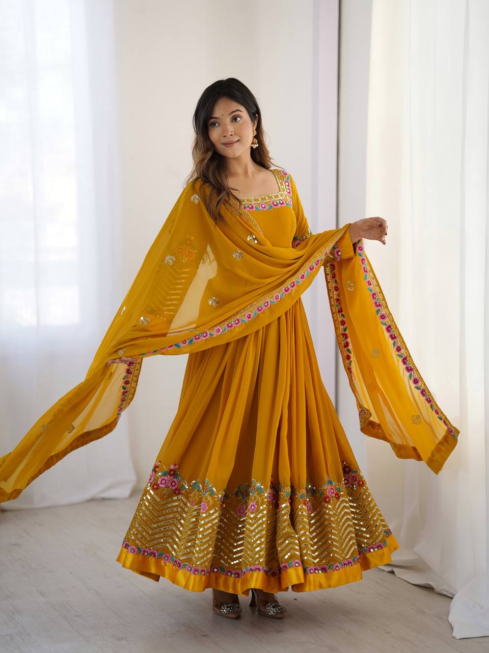 Multi Thread Work Mustard Color Luxuriant Gown