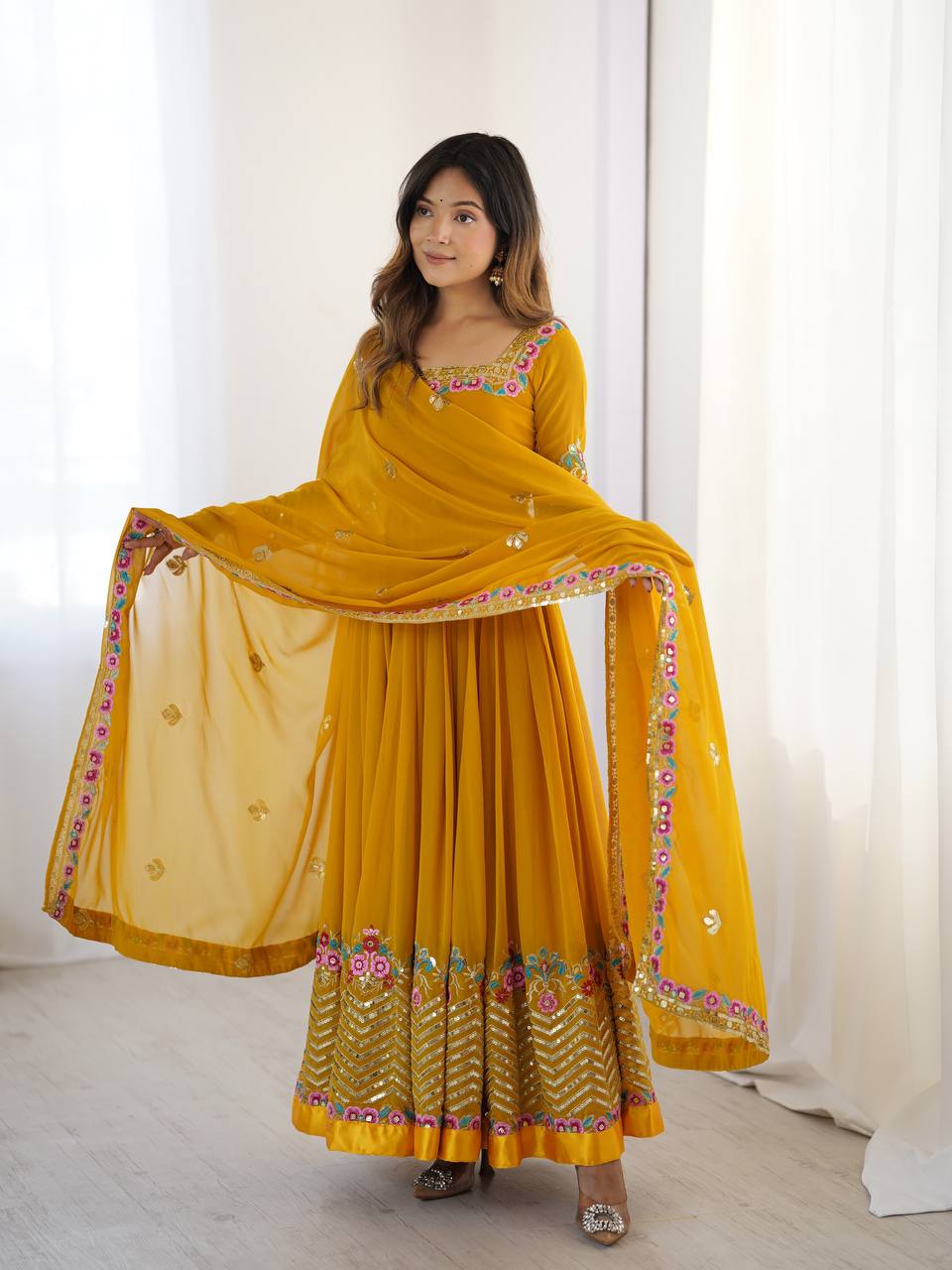 Multi Thread Work Mustard Color Luxuriant Gown