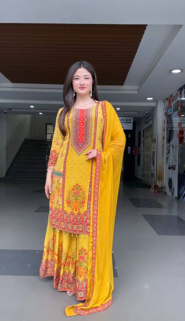 Mirror Work With Digital Printed Mustard Color Palazzo Suit