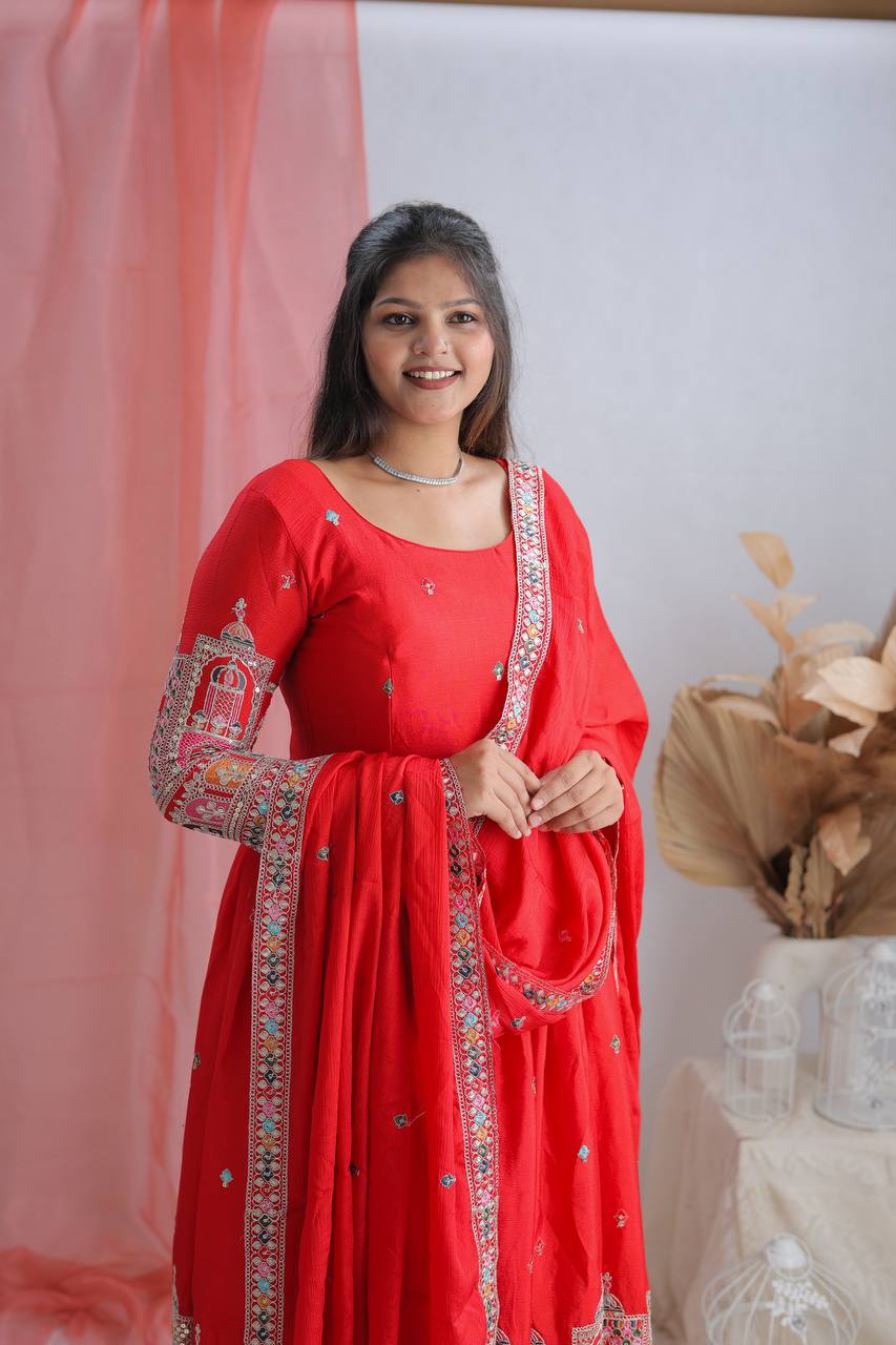 Beautiful Embroidery Work Red Color Anarkali Gown